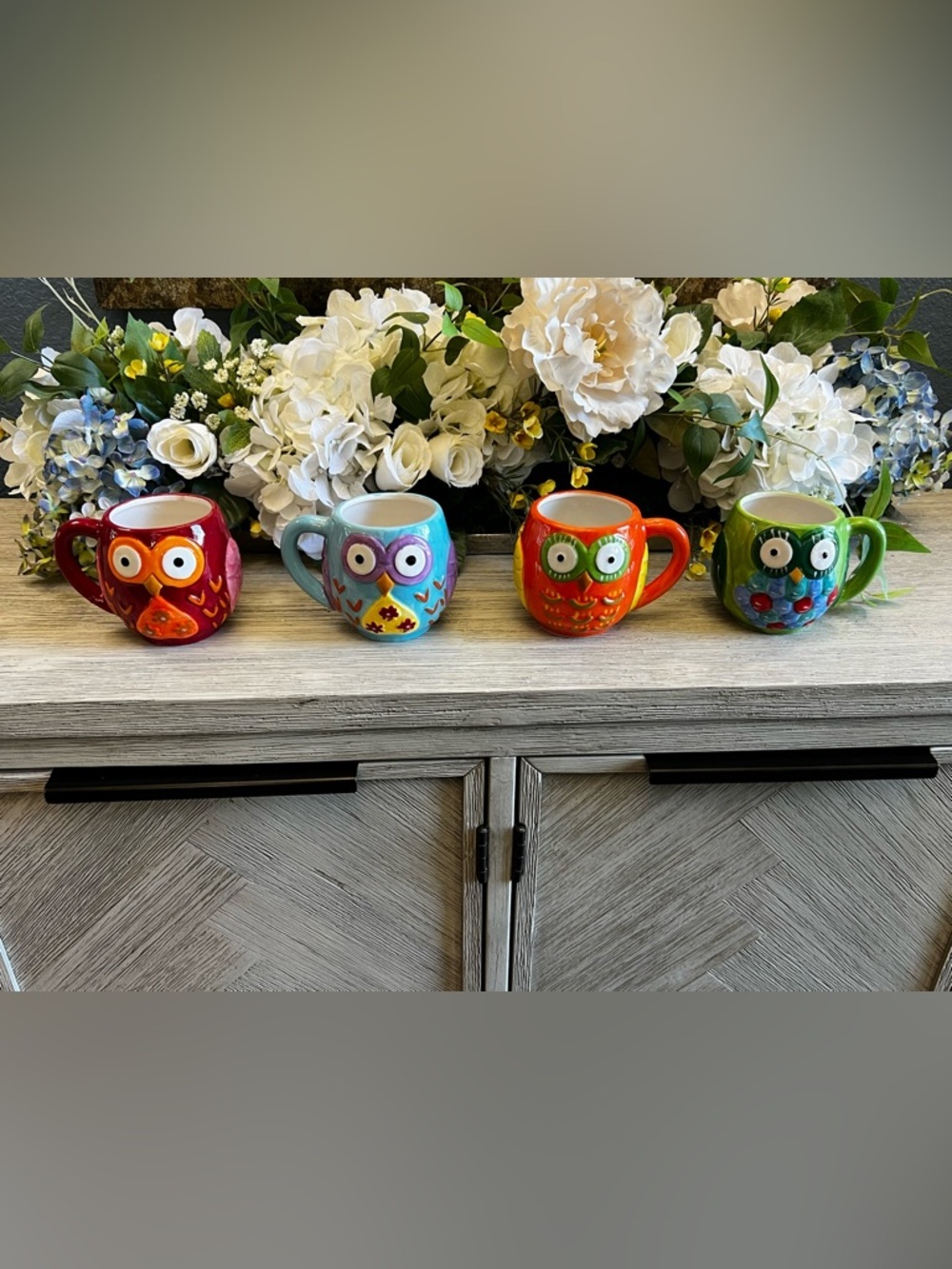 Colorful Owl Ceramic Mug Set of 4 - Blue, Orange, Green, Red